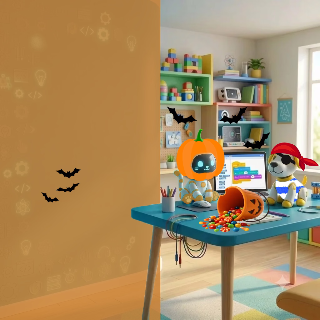 Play & Learn Tech 3D lab with robot cat, coding laptop, and robot dog