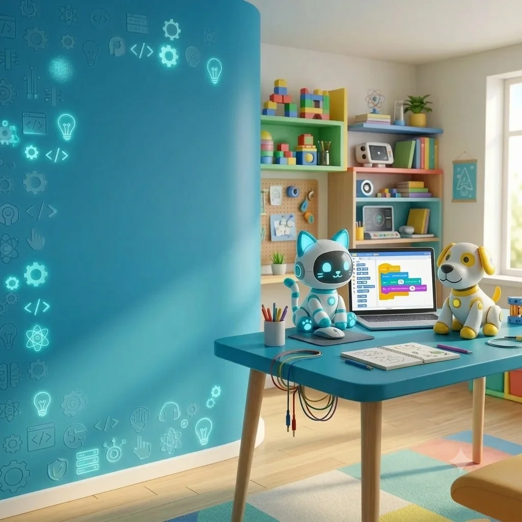 Play & Learn Tech 3D lab with robot cat, coding laptop, and robot dog